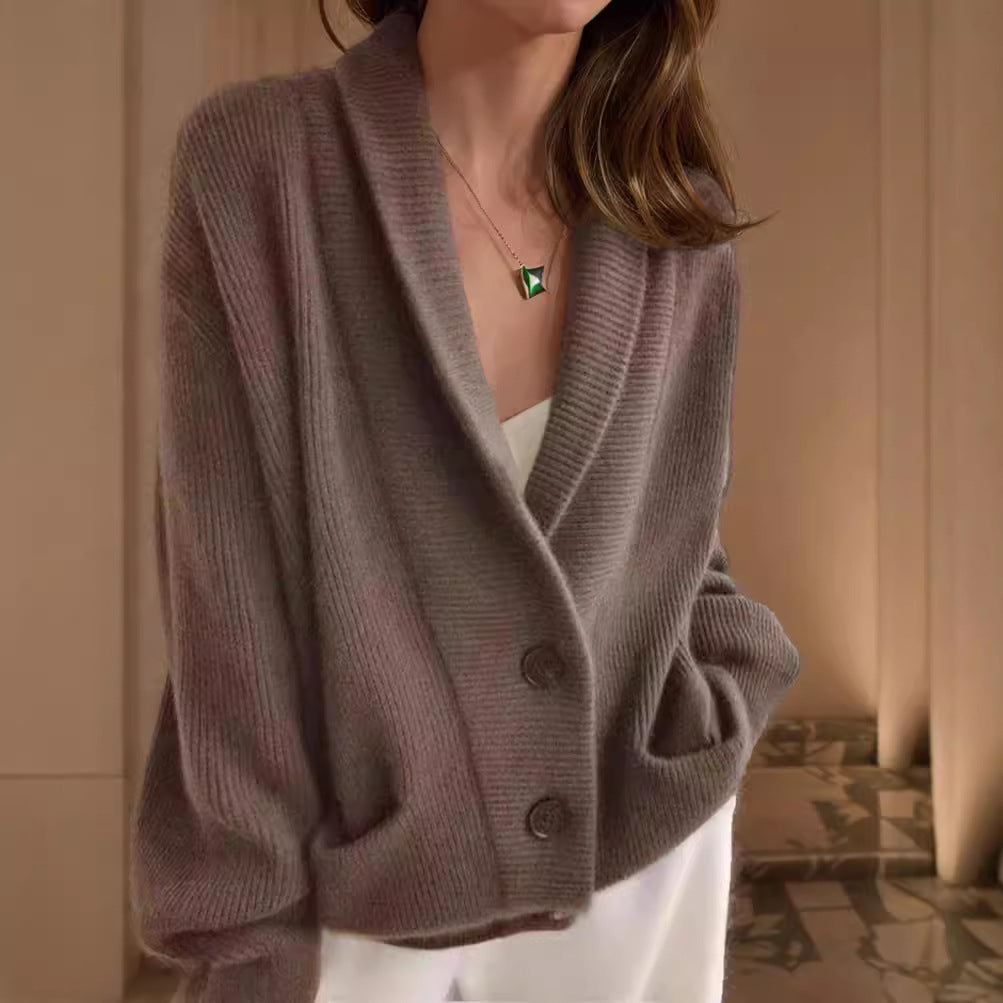 Retro Lapels Solid Color Long Sleeve Knitted Cardigan